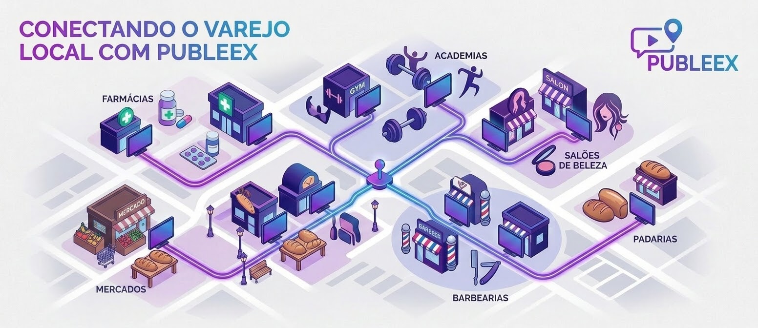 Publeex conectando o varejo local: farmácias, mercados, academias, salões de beleza, barbearias e padarias com Smart TVs